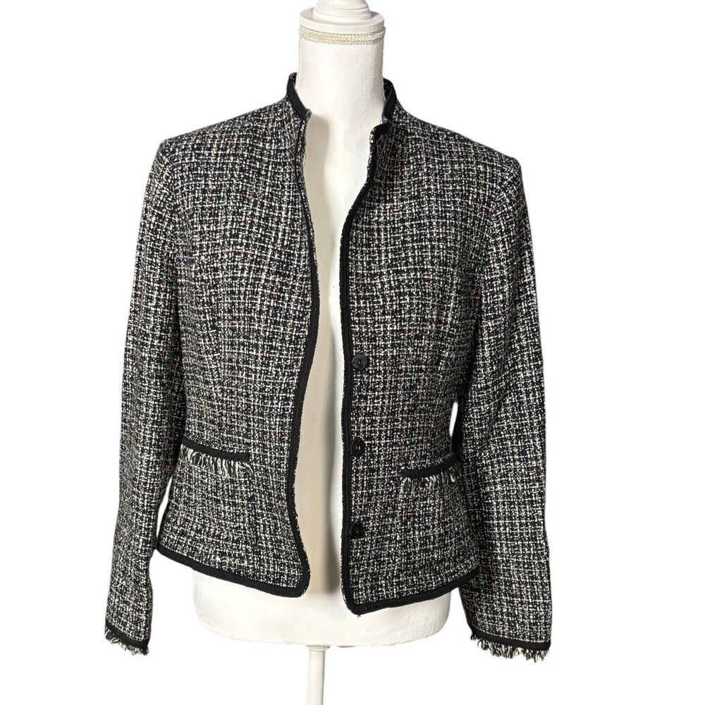 Vintage Harold’s Tweed Blazer Size 10 Pockets Wool Blend Black Fringe Workwear - Picture 11 of 12